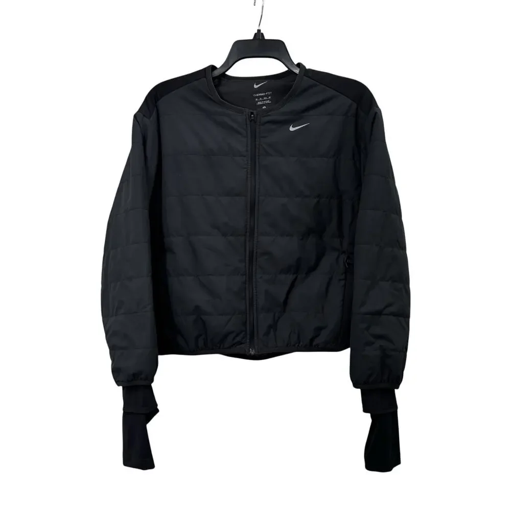 Nike THERMA-FIT Gray Black Quilted Full Zip Jacket Thumbholes Womens XS